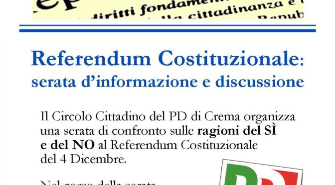 Verso il referendum: mercoledì 2 novembre confronto organizzato dal circolo cittadino PD di Crema