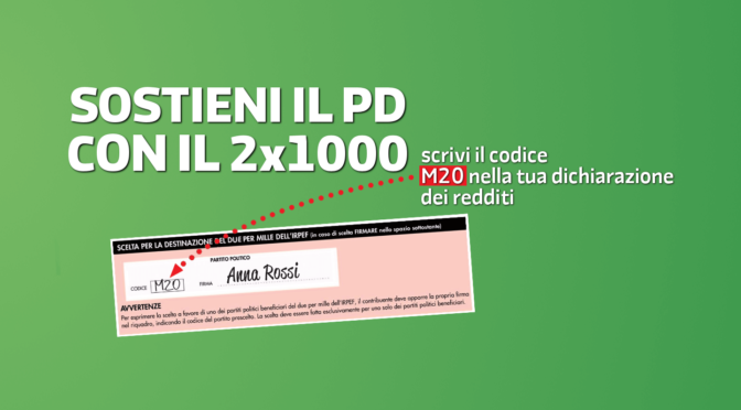 Dona il 2×1000 al PD, scrivendo M20 nella dichiarazione dei redditi