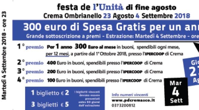 Al via la sottoscrizione a premi legata alla Festa Centrale de l’Unità