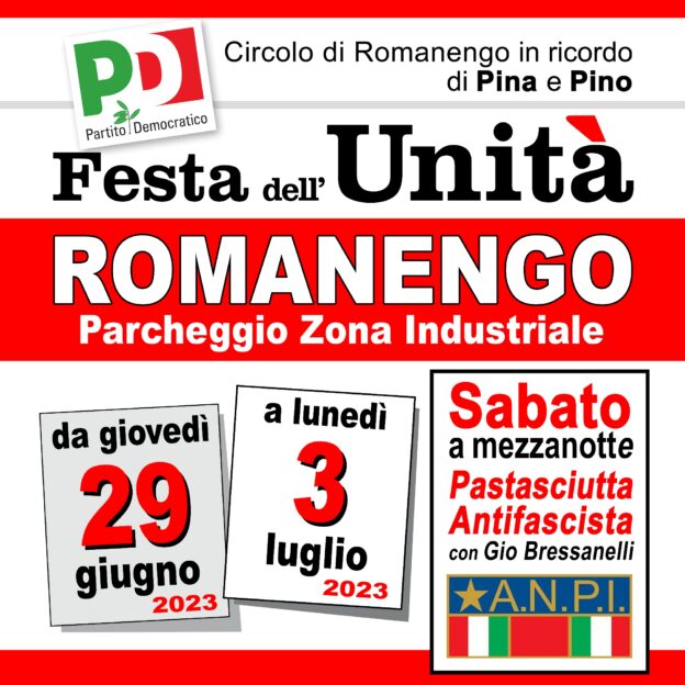 Festa de l’Unità di Romanengo: da giovedì 29 giugno a lunedì 03 luglio 2023